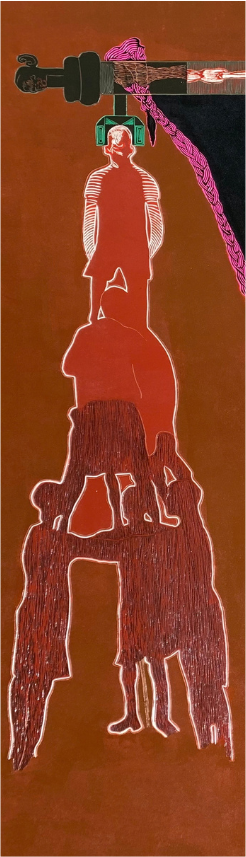 Umhlaba artwork: figures stacked upward toward a reaching hand
